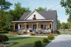 This farmhouse design floor plan is 976 sq ft and has 2 bedrooms and 2 bathrooms. Small Farmhouse Exterior One Story, Walk Out Basement House Plans Ranch, Small Walkout Basement House Plans, Cute Farmhouse Exterior, Narrow Basement Layout, Ranch House Plans With Basement, Ranch With Walkout Basement, Farmhouse Houseplans, Walkout Basement House Plans