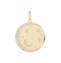 14K Diamond Moon Charm -14K Solid Gold-Available in 14k Yellow Gold-0.60 ctw G-H SI-Made with love in NYC♡-Each item comes beautifully in our signature bow jewelry box-Made with love in NYC♡ North Star Necklace, Tiny Hoop Earrings, Celestial Necklace, Bow Jewelry, Medallion Necklace, Diamond Star, Disc Pendant, Diamond Charm, Moon Charm