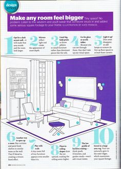 an advertisement for a living room with furniture and decor items in blue, white and purple colors