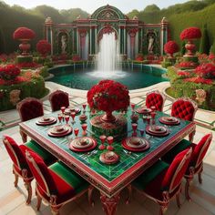 a dining room table with red chairs around it and a fountain in the center surrounded by flowers