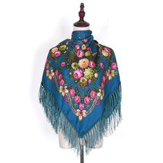 Scarf Shawls Women Fringed Square Bandana Headscarf National Floral Blanket Scarves 110x110cm Russian Scarf, Blanket Scarves, Polish Women, Floral Blanket, Fringe Shawl, Vintage Flower Prints, Scarf Casual, Hijab Scarf, Square Blanket