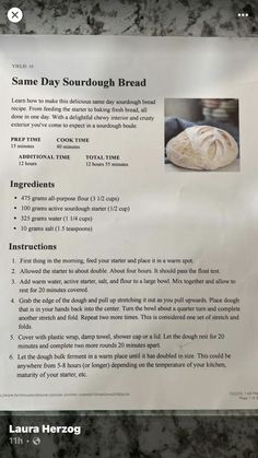 a recipe for sourdough bread is shown on the counter