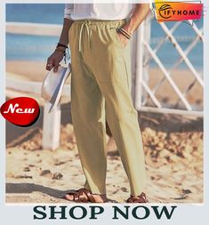 Men's Linen Pants Trousers Summer Pants Beach Pants Pleated Pants Drawstring Elastic Waist Plain Breathable Soft Casual Daily Holiday Linen / Cotton Blend Fashion Streetwear Turmeric Blue Casual Summer Beach Cargo Pants, Straight Leg Pants With Pockets For Beach Season, Leisure Pants With Pockets For Beach Season, Solid Color Drawstring Harem Pants For Summer, Summer Trousers With Drawstring, Summer Pants With Drawstring, Baggy Pants With Pockets For Beach Season, Summer Drawstring Trousers, Beach Season Ankle-length Pants With Pockets