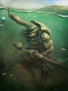 an image of a man in the water holding a stick and wearing a turtle costume