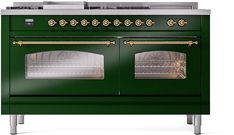 a green stove with two ovens on each side and gold trim around the doors