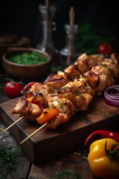 chicken and vegetable kabobs on a wooden cutting board