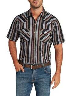 Kick back and keep it casual, cowboy, with the Ely Cattleman Men's Stripe Short-Sleeve Snap-Front Shirt. This short sleeve stripe shirt features all the classic western detailing, from the traditional yokes to front flap pockets and pearl snaps. It's made from a blend of 65% polyester/35% cotton. 65% Poly 35% Cotton Easy Care Fabric Pearlized Snaps Western Pockets Western Yokes Pocket Pencil Slot Western Short Sleeve Shirt With Button Closure, Western Style Short Sleeve Shirt For Rodeo, Summer Rodeo Shirt With Pockets, Fitted Short Sleeve Shirt For Rodeo, Western Short Sleeve Tops With Button Closure, Western Style Cotton Shirt With Short Sleeves, Casual Short Sleeve Shirt For Ranch, Mens Striped Shorts, Striped Short Sleeve Shirt