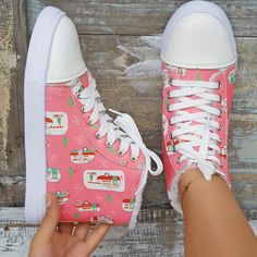 Cute and Cozy: Women's Cartoon Print Canvas Shoes - Casual, Plush-Line Cute High-top Sneakers, Cute High-top Sneakers With Cartoon Print, Casual Winter High-top Sneakers With Flat Heel, Winter Canvas Sneakers With Round Toe, Cute High-top Canvas Shoes With Rubber Sole, Christmas Shoes, Canvas Shoes Women, Shoes Comfortable, Casual Lace