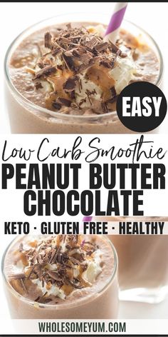 low carb smoothie with chocolate and nuts in it, on top of a white background