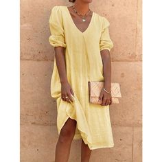 Season:Summer,Spring; Fabric:Cotton Linen,Linen Cotton Blend; Sleeve Length:Long Sleeve; Look After Me:Hand wash,Machine wash; Gender:Women's; Style:Solid,Basic; Elasticity:Inelastic; Occasion:Vacation; Fit Type:Loose Fit; Dresses Type:Smock Dress; Neckline:V Neck; Sleeve Type:Lantern Sleeve; Front page:FF; Listing Date:06/14/2023; Production mode:External procurement; 2024 Trends:High-end Series; Bust:; Length:; Sleeve:; Fit US Size:null; Fit UK Size:null; Fit EU Size:null; Dress Length Type:Mi Summer Dress Yellow, Linen Summer Dress, Loose Shirt Dress, Shift Dress Casual, Boho Mode, Linen Shift Dress, Casual Short Sleeve Dress, Linen Summer, Yellow Midi Dress