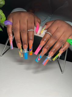 Colorful Long Nail Designs, Color Under Nails, 80s Theme Nails, Colorful Birthday Nails, Long Colorful Nails, Pride Nails Designs, Fye Nails