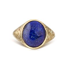 A beautiful signet ring with carvings on the sides made by hand and a cabochon lapis lazulis gemstone in the center. *real images of the ring, taken by us* Lapis Lazuli Stone Size: 14x12mm Material: - Sterling Silver 925 - 9K Gold (375) - 14K Gold (585) - 18K Gold (750) *All signet rings are hallmarked on the back for certification* - We offer FREE Worldwide DHL & FedEx Shipping! - Branded DanelianJewelry Gift Box with each order! Our customer service is available 7 days a week. Leave us your me Classic Blue Oval Cabochon Signet Ring, Blue Oval Signet Ring Stamped 14k, Blue 14k Stamped Oval Signet Ring, Classic Lapis Lazuli Jewelry Ring, Heirloom Blue Signet Ring, Formal Blue Engraved Signet Ring, Classic Blue Engraved Jewelry, Blue Lapis Lazuli Signet Ring With Gemstone, Blue Lapis Lazuli Gemstone Signet Ring