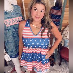 Boutique Brand Stars And Stripes Waffle Knit Sleeveless Peplum Top V-Neck Flag Pattern Tank Is Very Fashionable And Popular. This Stars And Stripes Tank Has A Flowy Fit Shape, Sweetheart Neck And Sleeveless Design. 95% Polyester 5% Spandex Sleeveless Peplum Top, Flag Pattern, Yellow Tank Top, Loose Tank Tops, Jcrew Collection, Boutique Brands, Cotton Tank Top, Stars And Stripes, Striped Tank Top