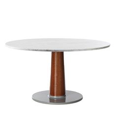 a round table with a metal base and an oval marble top, on a white background