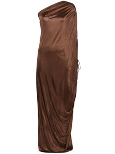 brown stretch-design draped design asymmetric design single sleeve straight hem long length Satin Drape Dress, Brown Long Sleeve Dress, Brown Long Sleeve, Brown Satin, Designer Drapes, Draped Dress, Asymmetrical Design, Long Length, Black Tie