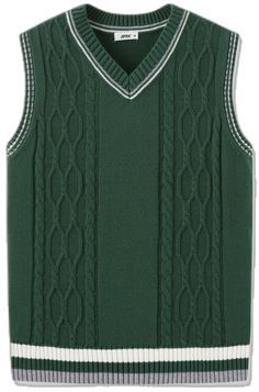 Cotton Sweater Vest For Winter, Casual Sleeveless School Vest, Sleeveless Cable Knit Cotton Top, Trendy Green Cotton Sweater Vest, Green Cotton Crew Neck Sweater Vest, Trendy Sleeveless Cotton Sweater, Green Cotton Winter Vest, Green Cotton Vest For Winter, Cotton Cable Knit V-neck Sweater Vest