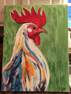 a painting of a rooster on a green background