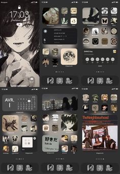 an iphone screen with many different pictures and icons on the bottom right hand corner, including anime characters