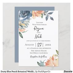 an image of wedding card with flowers on the front and blue border around the back