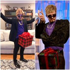 two photos, one in costume and the other with presents