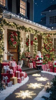 a house decorated for christmas with presents and lights