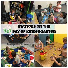 several pictures of children playing with toys and books on the floor, sitting at tables