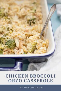 a casserole dish with broccoli and rice in it