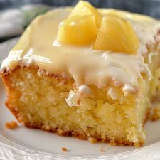 a close up of a piece of cake on a plate with icing and pineapples