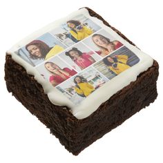 a chocolate cake with white frosting and four photos on the top, sitting in front of a white background