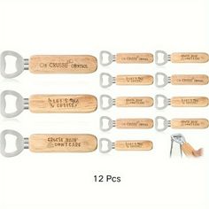 six wooden bottle openers with metal handles and corkscrews on each side