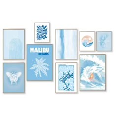 various blue and white prints on a wall with the words mallibu written below them