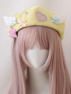 This price is for a beret and a free star hairclip only, others are not included. SizeFree SizeHead Circumference54-58 Yume Kawaii Accessories, Kawaii Head Accessories, Pastel Beret, Hairclip Aesthetic, Kawaii Hats, D.va Icons, Yellow Beret, Micro Pig, Beret Outfit