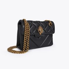 The Mini Kensington Bag is crafted from a soft lambskin leather with overstitch quilting combining both weave and chevron patterns. The antiqued brass Eagle head features opaque brass crystals and black bead eyes on the front flap. 5.5in (H), 7.9in (L), 2.4in (D)Strap drop cross body: 47.2inStrap drop shoulder: 30.3inAntiqued brass chain strapDuo magnetic snap closure hidden under flapSilver foil embossed logo on the backCan fit phones up to 7 inchesSmall internal lining pocketOuter: Lambsk Trillion Dollars, London Kensington, Leather Mini Bag, London Bags, Chevron Patterns, Bag Women Fashion, Silver Chains, Leather Handbags Crossbody, Eagle Head