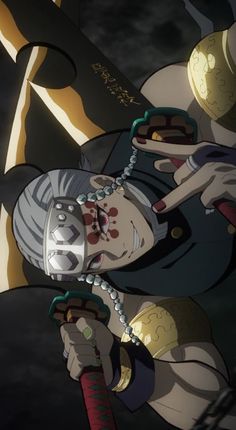 an anime character with chains around her neck and hands in the air, holding a knife