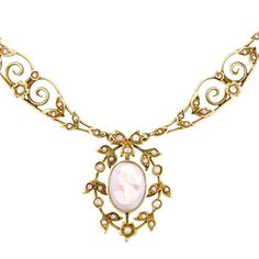 With a carved shell cameo measuring app. 12.5mm x 8.8mm, additionally set with half pearls* ranging in size from 1.1mm - 2.4mm, fashioned in 14k yellow gold. Circa 1900.*All pearls are assumed to be cultured unless specified natural. Horn Necklace Boho, Antique Pearl Necklace, Antique Jewelry Victorian, Tusk Necklace, Crescent Moon Necklace Gold, Double Horn Necklace, Victorian Cameo, Antique Necklaces, Edwardian Jewelry