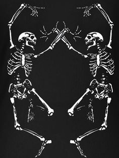 three skeletons in the middle of a circle with their hands up to each other and one holding