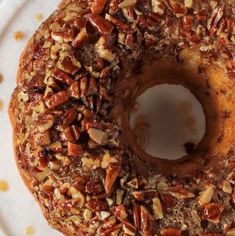 a bundt cake covered in nuts on a white plate