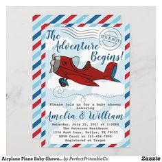 an airplane baby shower is shown with the words,'the adventure begins'on it