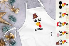 a white apron with an image of a bird wearing a hat on it and the words joshua