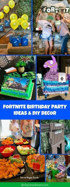 a collage of photos with people at a fortnite birthday party and decorations