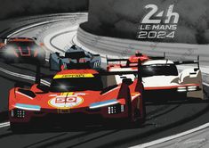 two race cars racing on a track with the number 24 le mans 2012 behind them