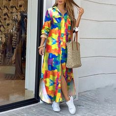 F00152174-1002 Summer Prints Fashion, Backless Long Dress, Collared Shirt Dress, Dress Stores Online, Maxi Dress Online, Maxi Robes, Long Shirt Dress, Turndown Collar, New Fashion Trends