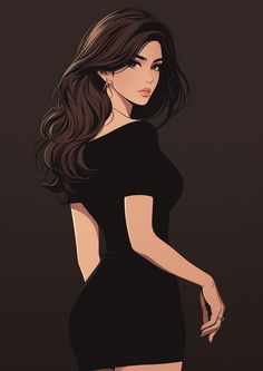 a drawing of a woman with long hair in a short black dress and high heels