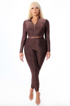 Shimmery, mock kneck, two-piece, long-sleeve two-piece pant set. Stretch material with elastic waist. Fitted Two-piece Set With Long Sleeves, Chic Two-piece Long Sleeve Set, Chic Two-piece Set With Long Sleeves, Chic Two-piece Long Sleeve Pant Set, Trendy Two-piece Set With Long Sleeves, Trendy Long Sleeve Sets For Fall, Trendy Long Sleeve Fall Sets, Chic Two-piece Pant Set With Long Sleeves, Stretch Long Sleeve Winter Set