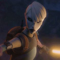 an animated character with white hair and blue eyes holding a light saber in her right hand