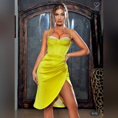 Miss Circle Short Dress In Size Medium Dress With Crystals, Yellow Bodycon Dress, Satin Corset Dress, Luxurious Dresses, Satin Corset, Mini Dress Fashion, Lemon Dress, Evening Party Dress, Corset Dress