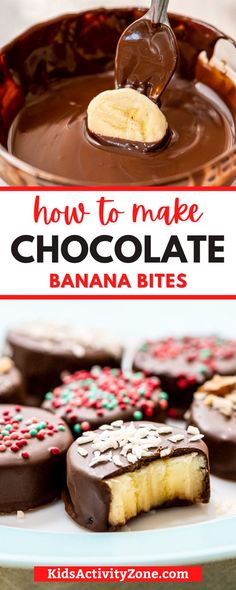 how to make chocolate banana bites on a plate with text overlay that reads, how to make chocolate banana bites