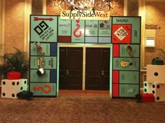 an entrance to a building decorated with dices