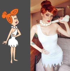 a woman in a white dress holding a hair dryer next to an image of a cartoon character