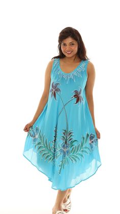 "Build a boho-chic look in no time with this flowing tropical midi sundress adorned with a floral paintbrush print, a scoop neckline, and a curved hem for a dash of extra flair. This dress is made with rayon fabric and is lightweight, relaxed fitting, endlessly flattering, and perfect for comfortable casual summer wear. It can be used as a beach cover-up. This beach-ready summer sundress is perfect for lounging around the house, traveling, lounging by the pool, strolling along the boardwalk, and Flowy Floral Print Sundress For Vacation, Tropical Floral Print Sleeveless Beach Dress, Tropical Floral Print Sleeveless Dress For Beach, Tropical Style Floral Print Sleeveless Beach Dress, Tropical Sleeveless Dress With Floral Print For Beach, Tropical Midi Sundress For The Beach, Tropical Sleeveless Floral Print Dress For Beach, Tropical Midi Sundress For Beach, Hawaiian Tropical Print Sundress For Summer